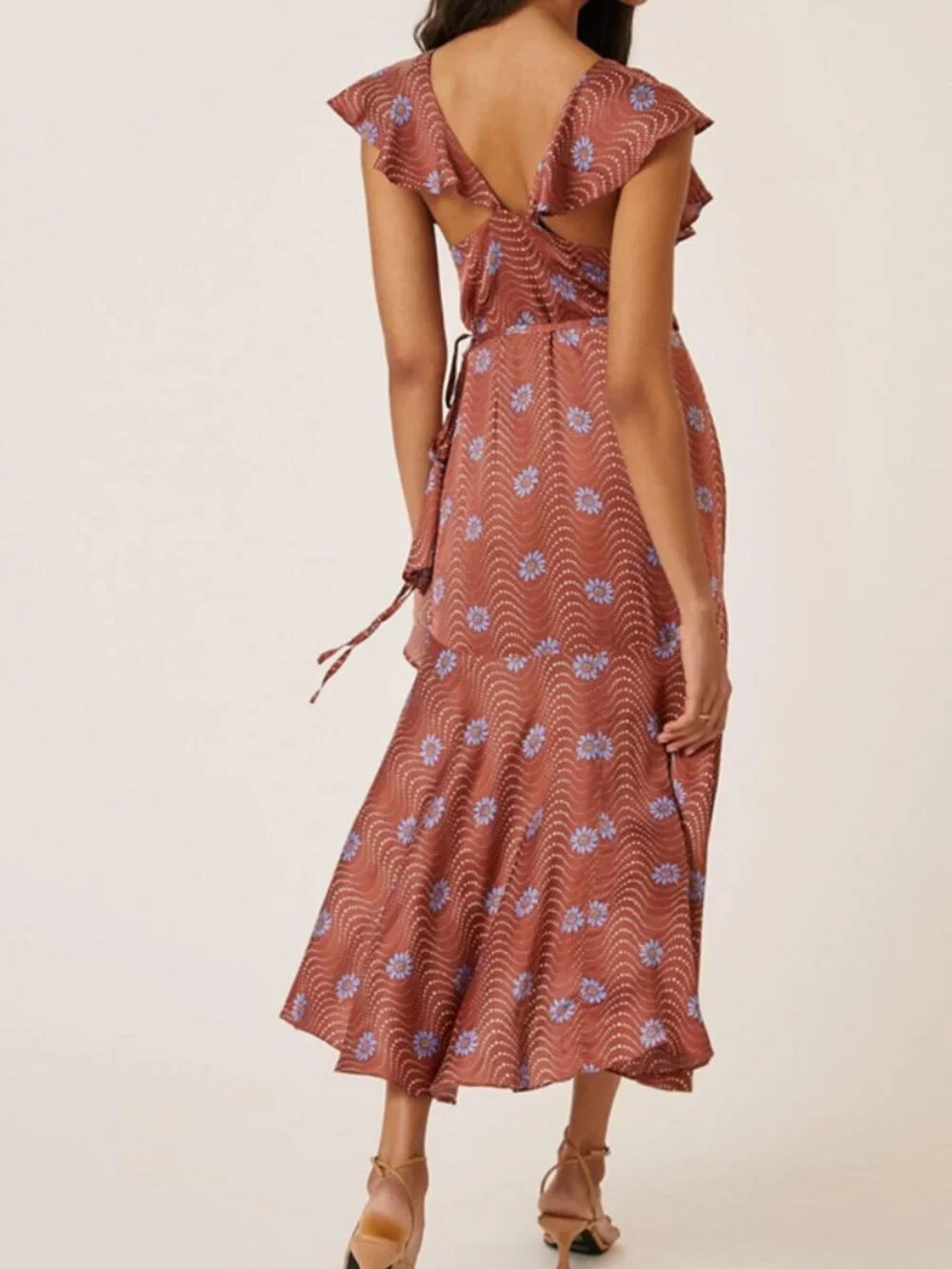 Anthropologie Brown Ruffle-Sleeve Printed-Wrap Maxi Dress Size XXSP 38430